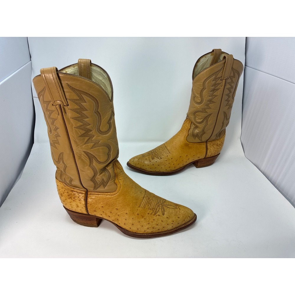 Vintage Tony Lama Cowboy Boots Mens 12 D Tan Full Quill Ostrich Leather 03179